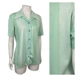 1970s Sea Foam Green Stripe Button Up Smock Blous… - image 1